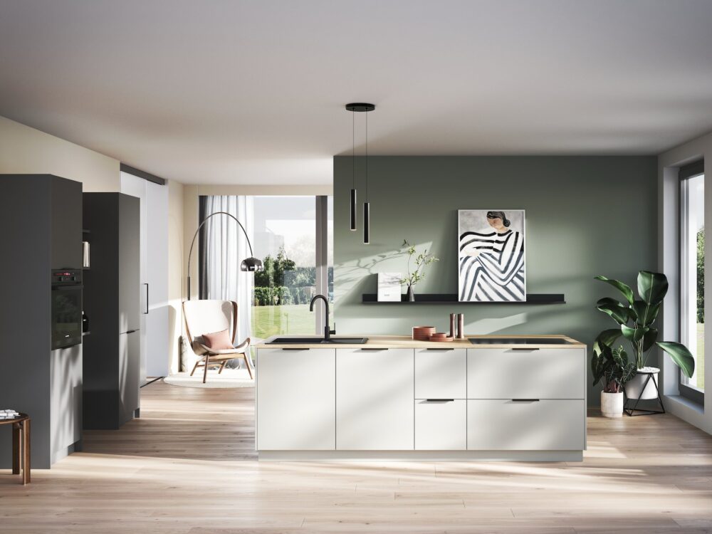 Häcker moderne Inselküche Sandgrau