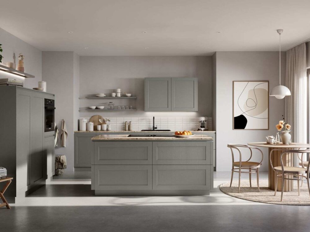 Häcker Landhaus Inselküche Hampton Selection Greige
