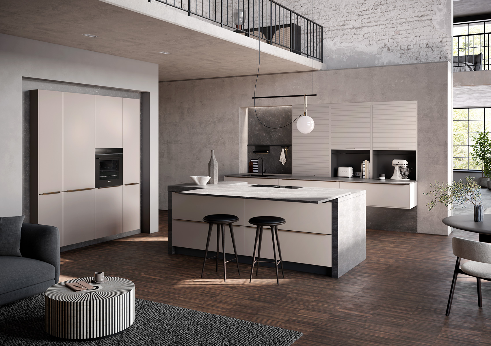 Haecker Designkueche mit Insel sandbeige