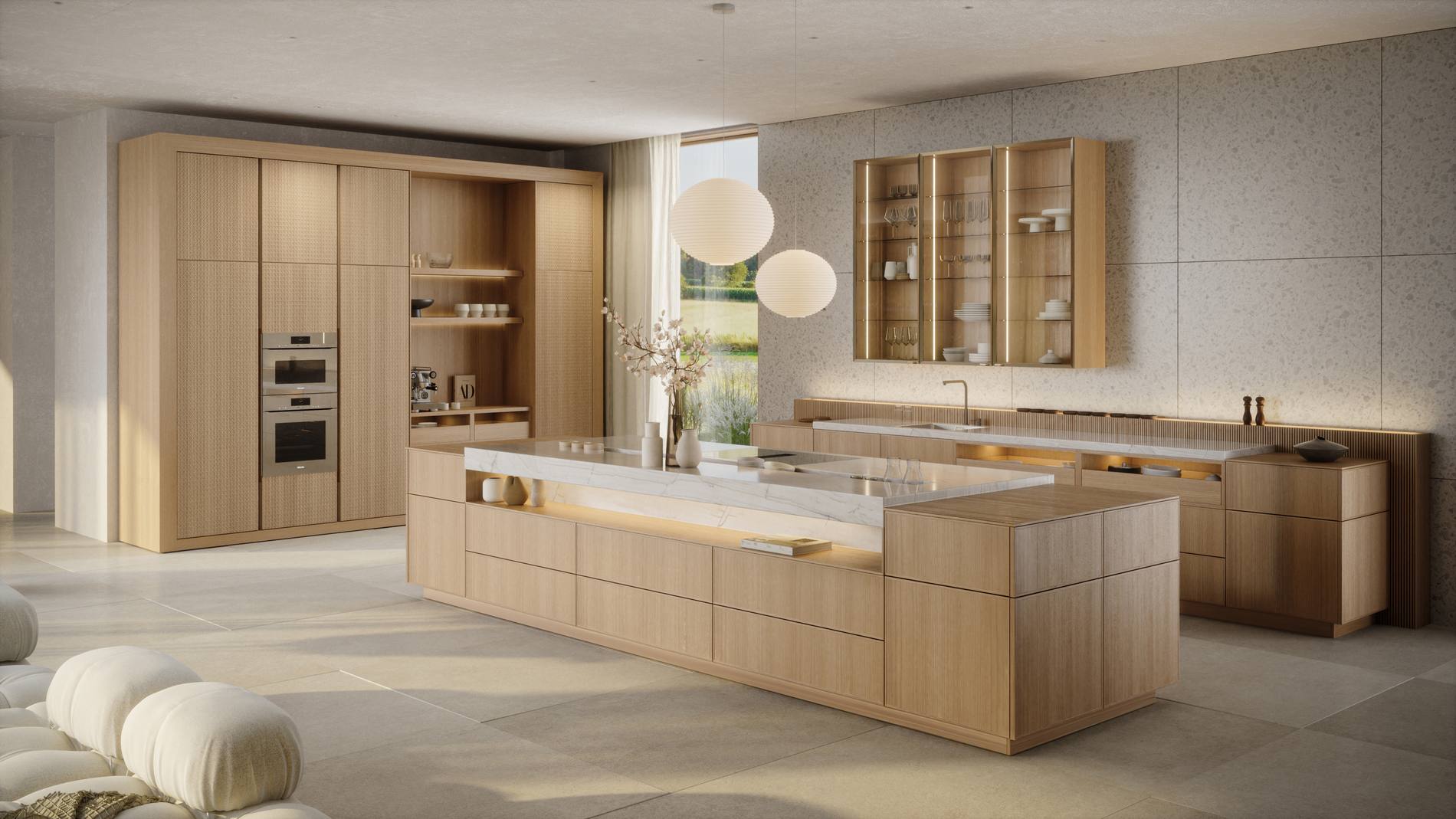 Häcker Küchen Design Inselküche Eiche elegant mit Kochinsel, Glasvitrinen und raumhoher Schrankwand