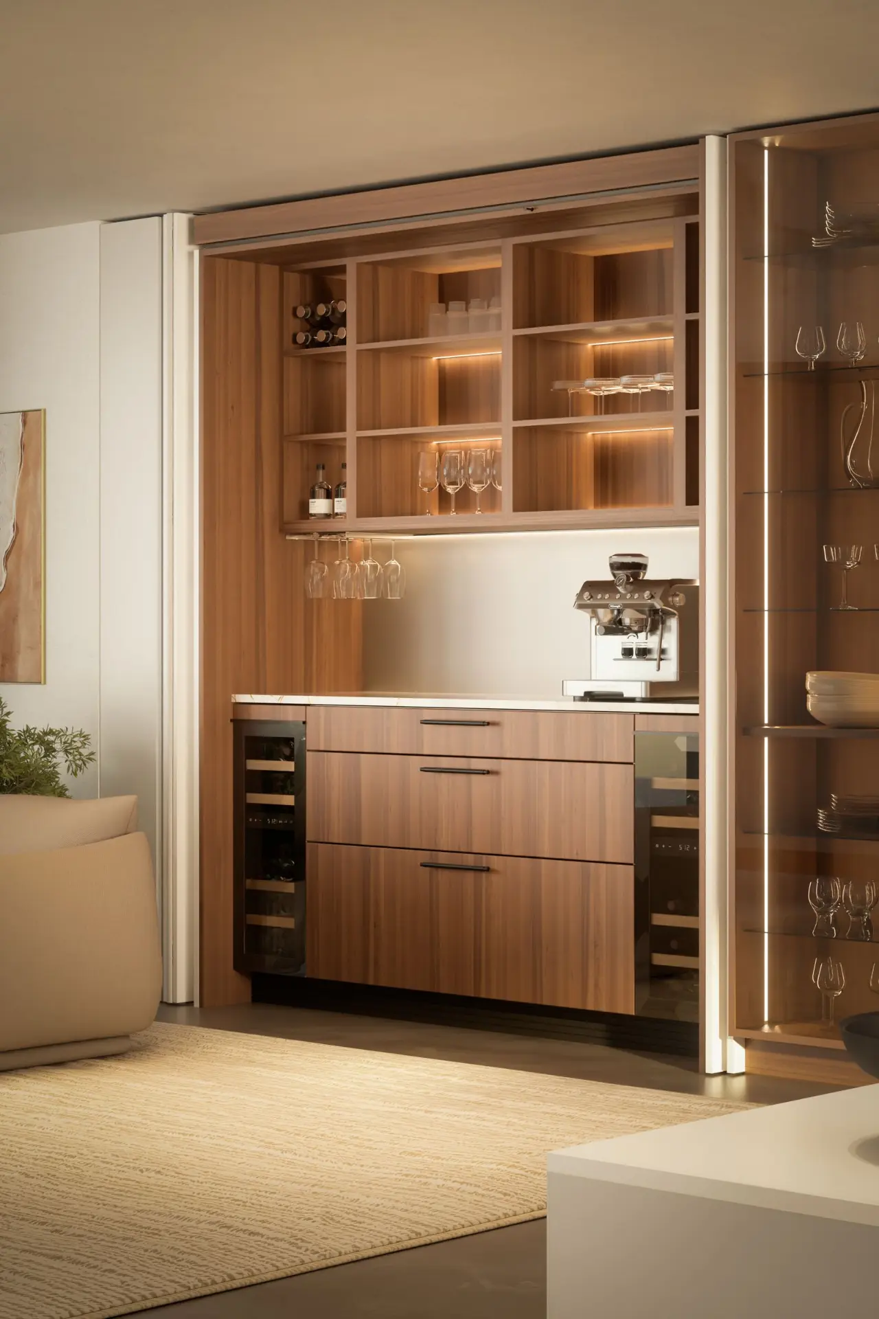 Häcker Kaffeestation hinter Pocket Doors in Walnuss