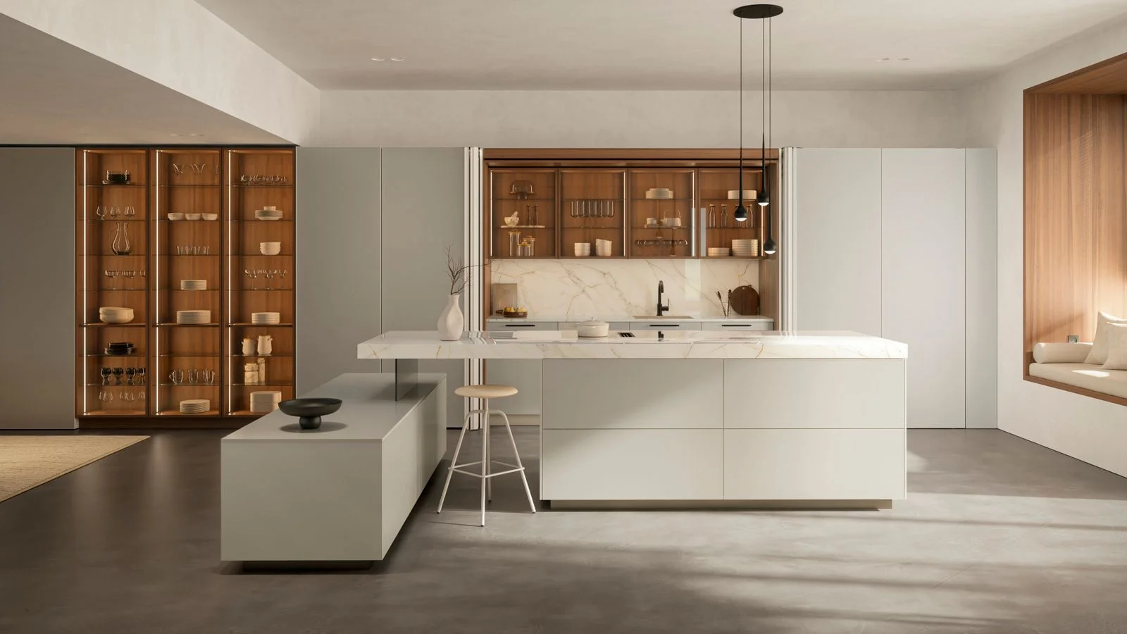 Häcker Design Inselküche in Sandbeige mit Walnuss-Vitrinen