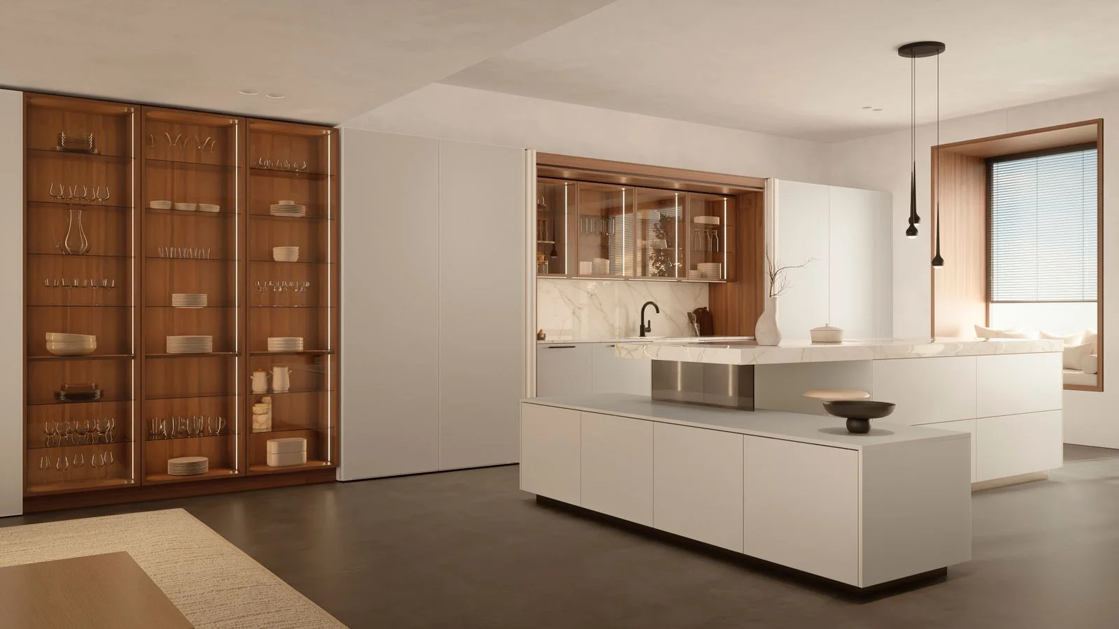 Kuechenstudio castrop-rauxel Häcker Inselküche Sandbeige mit Theke und Walnuss-Vitrinen